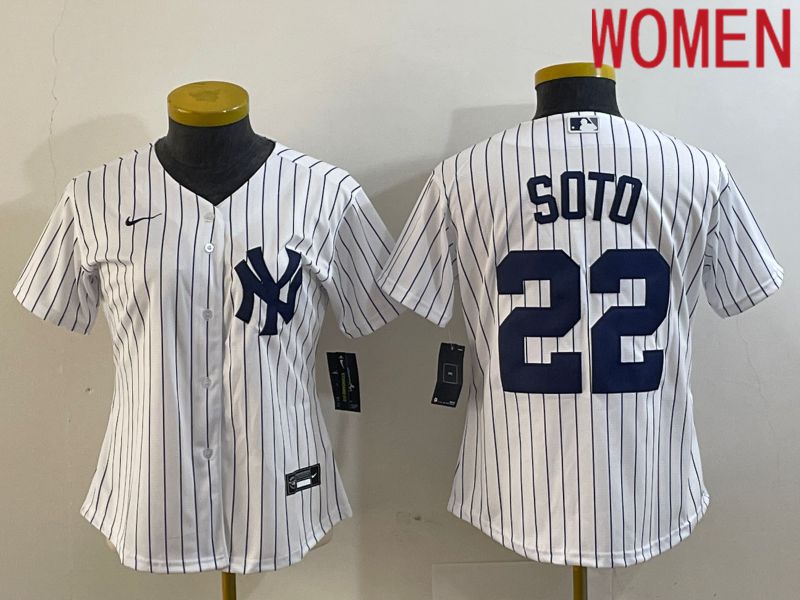 Women New York Yankees 22 Soto White stripe Game Nike 2023 MLB Jersey style 1